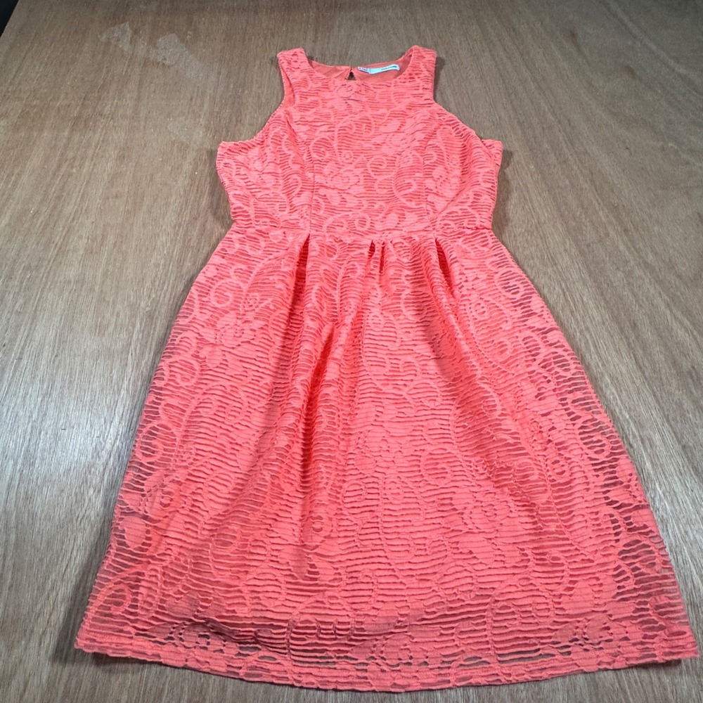 Maurices Fit and Flare Dress Womens Small Coral Orange Lace Sleeveless Pleated